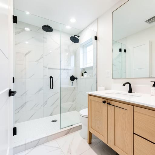 Salle de bain rénovée avec douche à l'italienne et meuble en chêne