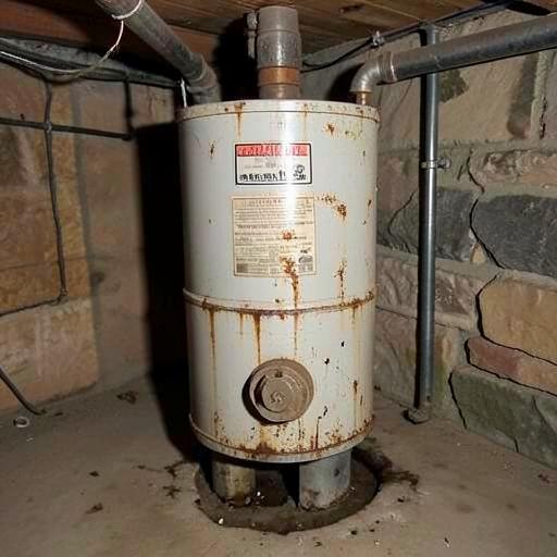 Chauffe-eau rouillé avec fuite à la base avant remplacement