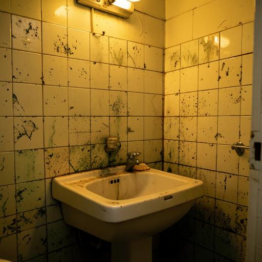 Salle de bain vétuste avec carrelage taché avant rénovation